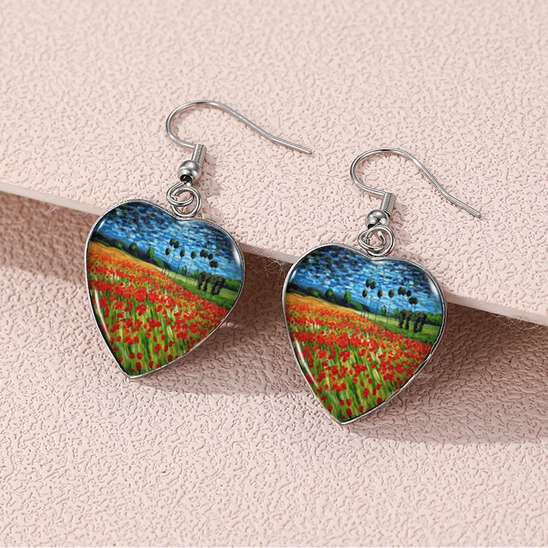 2024 New Starry Night Van Gogh Dangle Earring Heart Shaped Earrings Handmade Glass Dome Jewelry