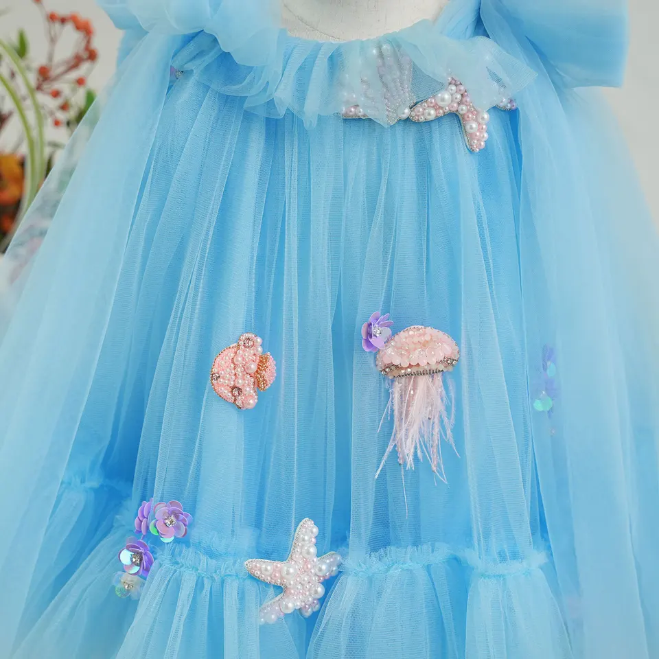 Jill Wish J038 Luxury Blue Baby Flower Girl Dresses Mini Beading Pearls  Princess Kids Gown for Birthday Wedding Communion Party