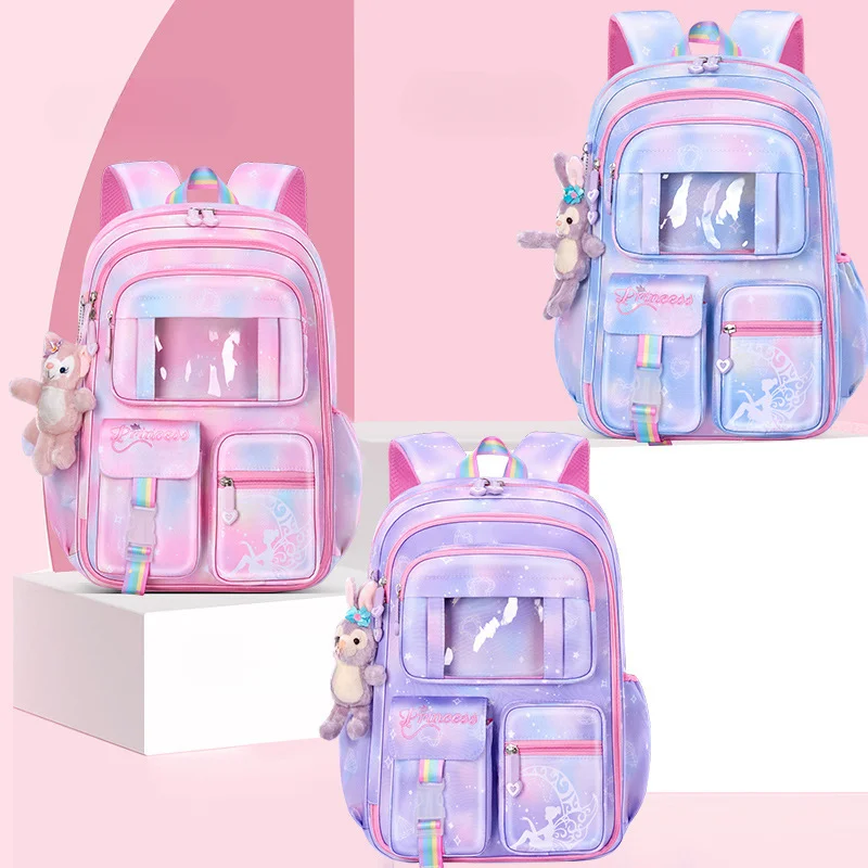 Colorful Transparent Layer Children Backpack School Commuting Leisure Girls High Capacity Curved Shoulder Strap Rainbow Mesh