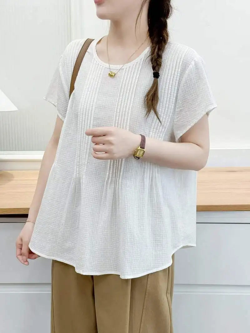New 2026 Summer Women Cotton Short Sleeve Shirt, Stand Folds Patchwork, Mori Girl Preppy Style OL Commute Loose Blouse T66321CC