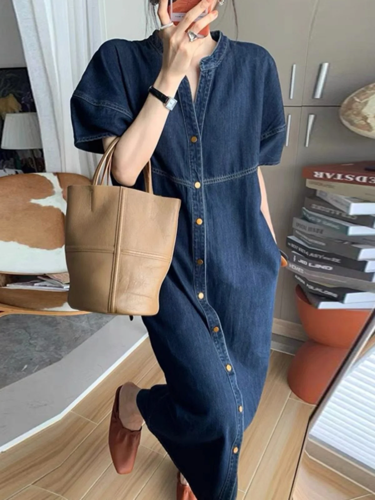 Retro Waed Denim Dr Stehkragen Casual Frühling Herbst Vintage Hohe Taille Baumwolle Polyester Mischung ort Sve V-ne