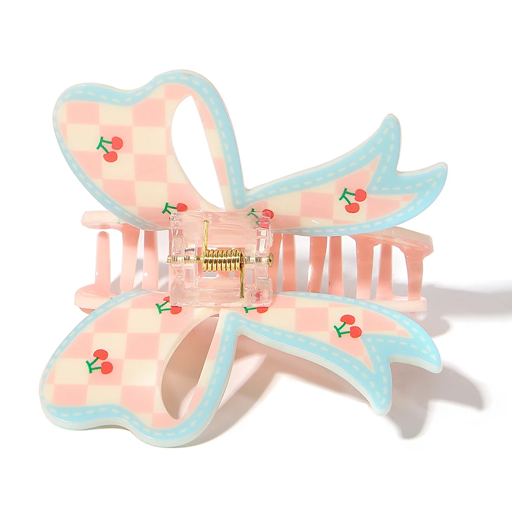 Sweet Pink Lattice Cherry Bowknot Large Size Hair Claw Clip For Women New Ponytail Geometric Hairpin Hair Accessories Headwear