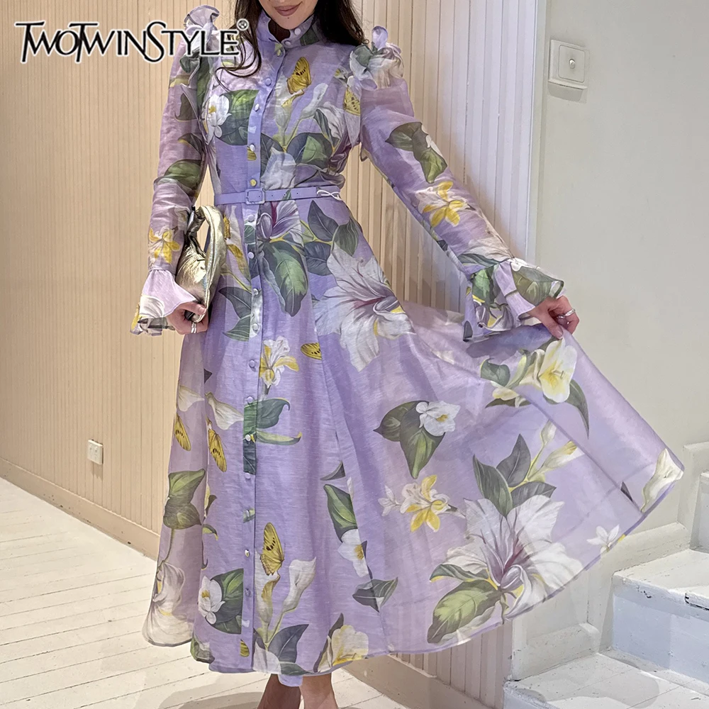 TWOTWINSTYLE Hit Farbe Druck Gespleißt Rüschen Falten Mode Kleider für Frauen Stehen Neck Long Sleeves Elegante Kleid Weibliche Neue