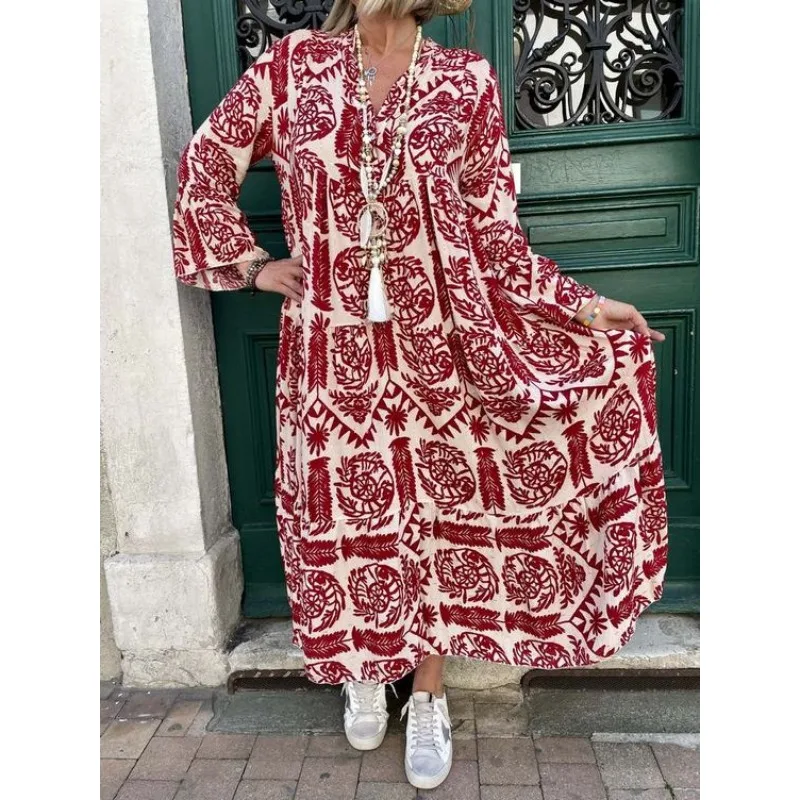 Women\'s Oversized Geometric Printed Pattern Loose Long Dress V-neck Street Casual Long Sleeved Loose Oversized Long Dress