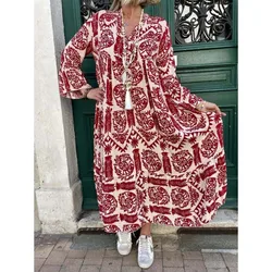 Women's Oversized Geometric Printed Pattern Loose Long Dress V-neck Street Casual Long Sleeved Loose Oversized Long Dress