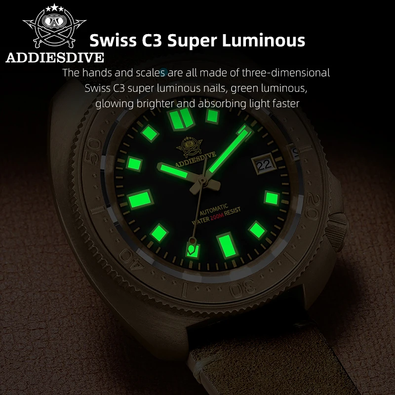 ADDIESDIVE Men Automatic Mechanical Wristwatch CUSN8 Bronze Sapphire Glass Super Luminous 20Bar Diving Watches Relógio Mecanico