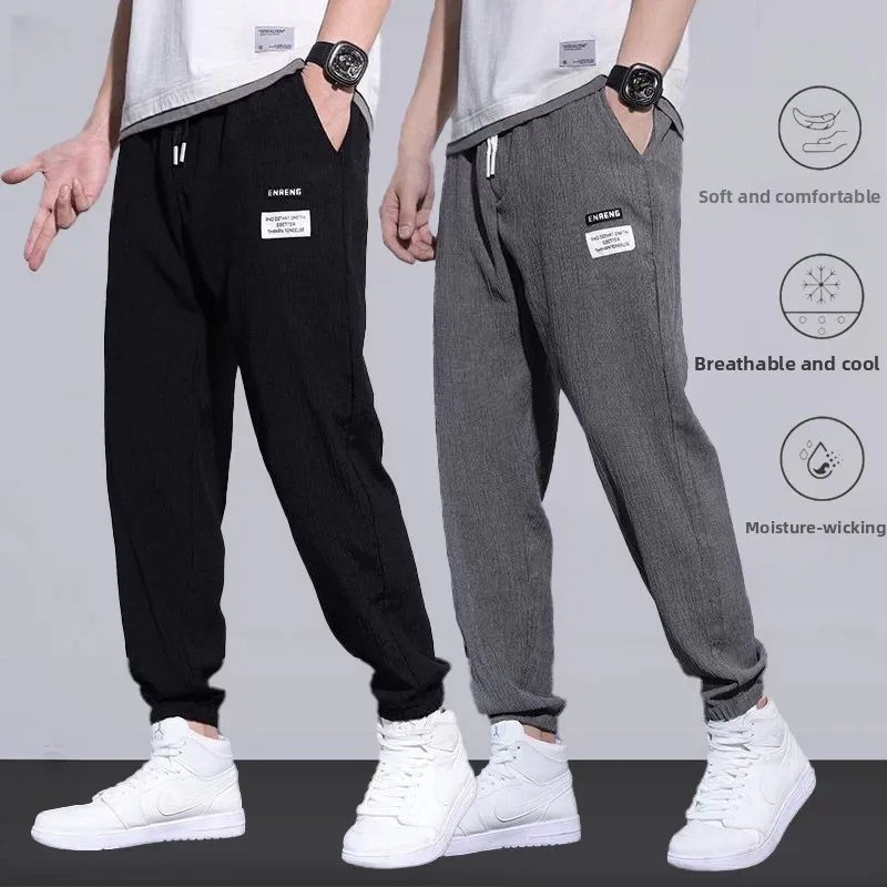 Slim Fit Sporty Work Pants Men's Casual Loose Elastic Waist Long Trousers Spring Autumn Thin Polyester Quick Dry Iron Free