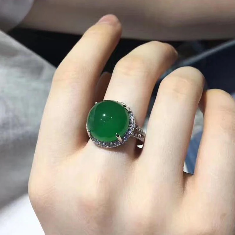 New silver diamond natural dark green chalcedony round adjustable ring exquisite retro style elegant ladies jewelry