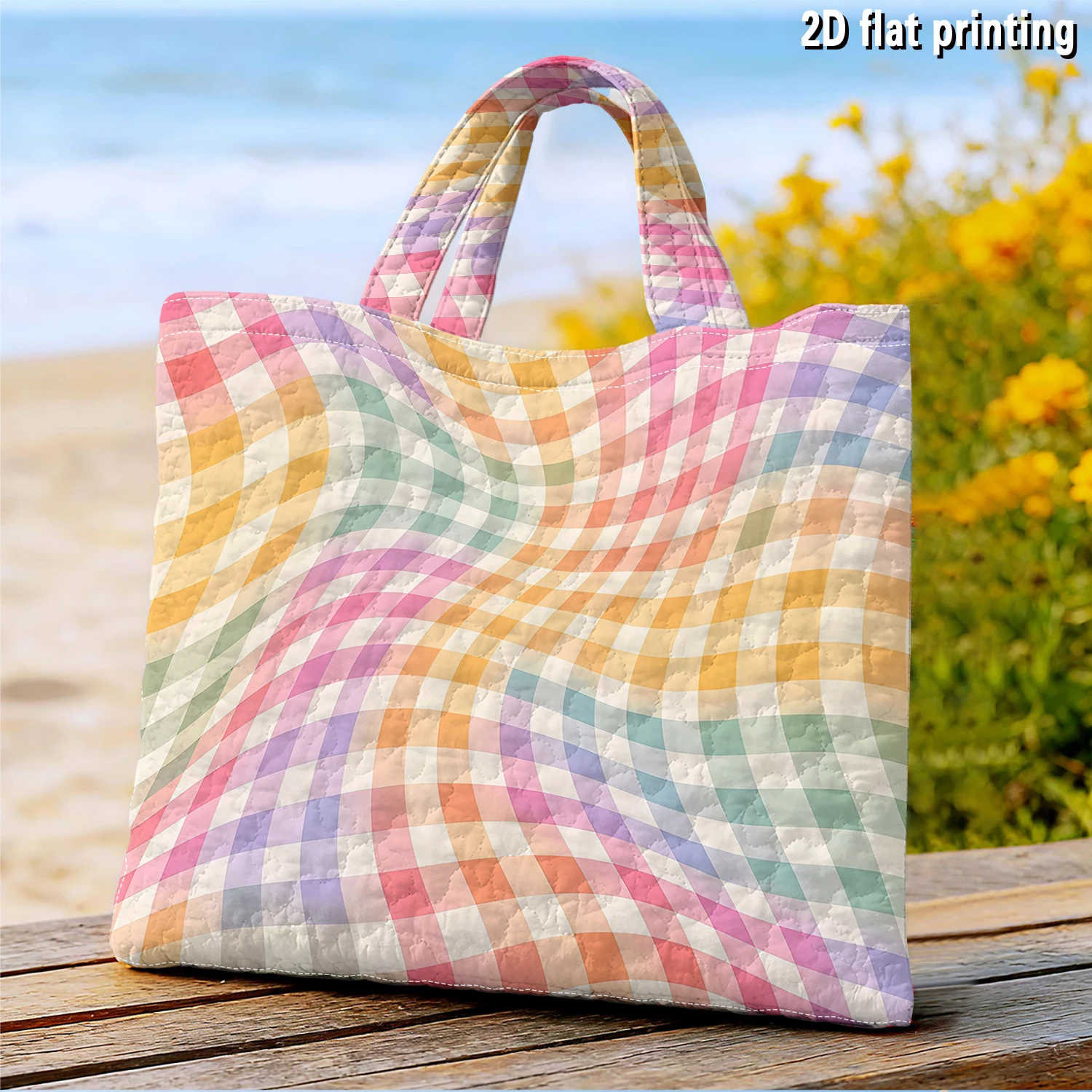 Pastel Swirl Gingham Large Capacity Canvas Shoulder Bag Dual Side Print Tote Bag Daily Shopping Bag Fashion Gift Handbag