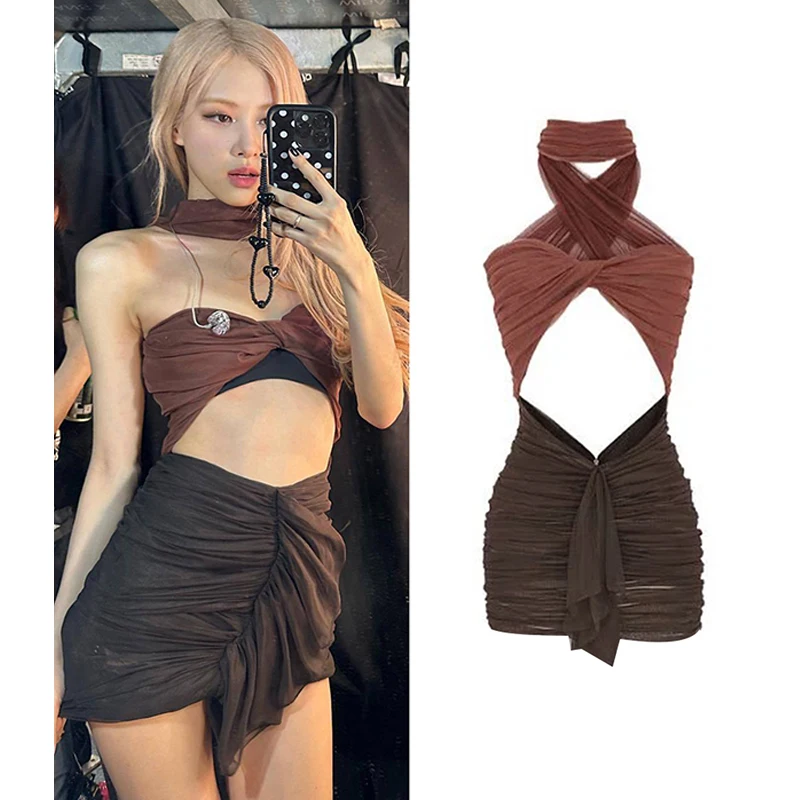 

New Korean Kpop Singer Idol Clothing Y2k Concert Costume Halter Neck Dress Sexy Backless Evening Party Dresses Stage Wear JL5736