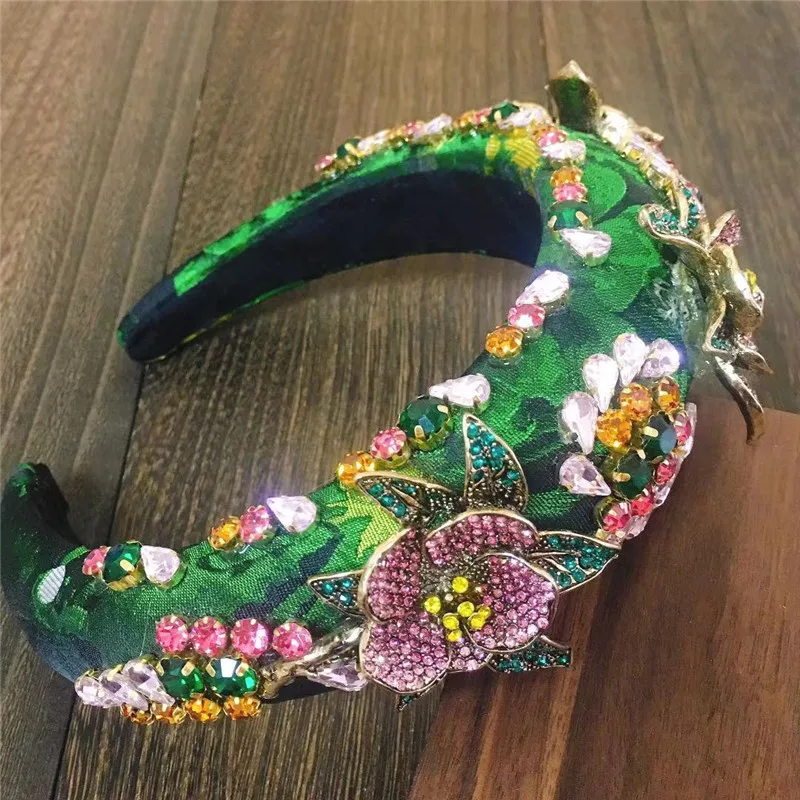 Luxury Baroque Headband Flower Geometric Design Hairband Full Crystal Personality Hairband Girls Green Rhinestones Hairbands