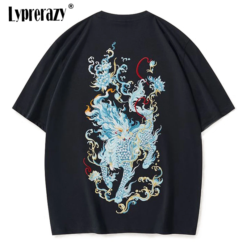 

Lyprerazy Chinese Style Kirin Embroidery Short-sleeved T-shirt Summer National Tide Cotton Casual Men's Tee Shirt