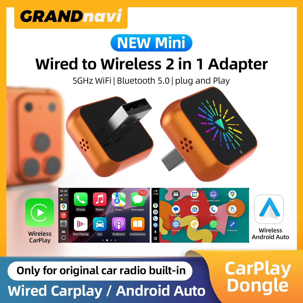 

Беспроводной адаптер Carplay Android Auto Orange 2-в-1, автомобильный AI-бокс, умный AI-бокс для Audi, Toyota, Mazda, Nissan, Kia, Ford, Opel, Skoda