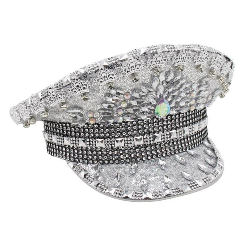 R1WE قبعة عسكرية للعروس من حجر الراين لحفلات الزفاف وحفلات الهالوين قبعة كابتن للسفر والتقاط الصور وقبعة ضابط الزفاف