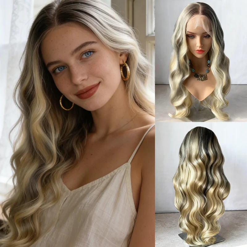 

Синтетический парик с омбре, серо-блондными мелиями, на кружевной основе, для женщин, с натуральным корнем, реалистичный, естественный вид, недорогой