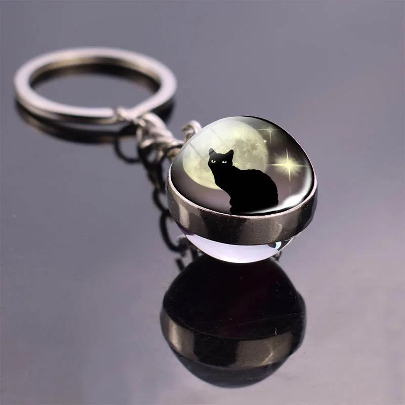 8 Styles Moon Black Cat Keychain Cat Keyring Glass Ball Key Chain Animal Key Buckle Double Sided Ball Keychains Cat Lovers Gifts