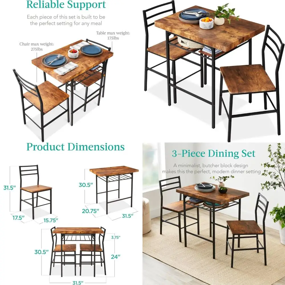 

Space-Saving 3-Piece Dining Set with Steel Frame and Built-In Storage Rack, Medium Brown/Black for Small Spaces