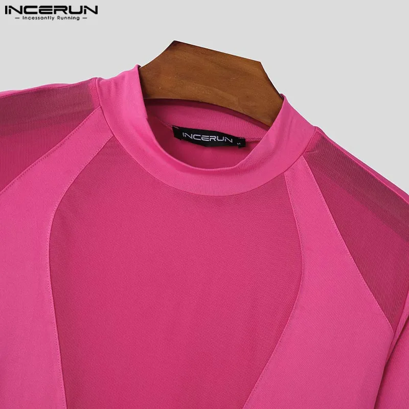 INCERUN 2024 nueva ropa de descanso Sexy para hombre, monos finos de retales con cuello redondo a la moda, monos finos transparentes de manga larga para hombre, S-5XL