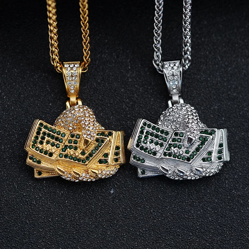 Hip Hop Bling Iced Out Gold Color Stainless Steel Hand Dollars Money Pendants Necklace for Men Jewelry Gold Silver Color