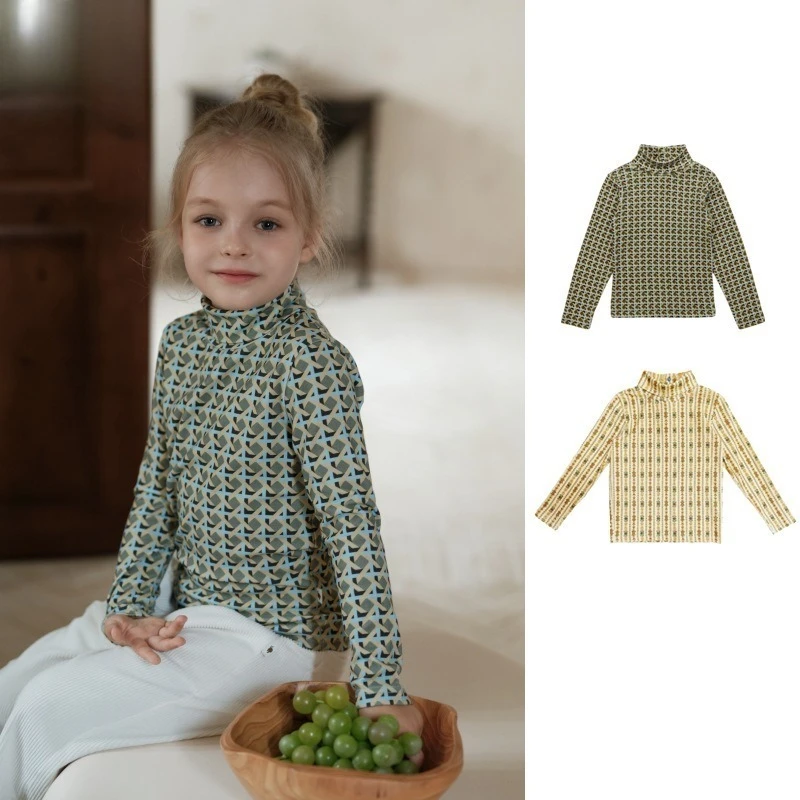 

2025 Новый осенне-зимний детский клетчатый топ в стиле ретро для девочек, модный пуловер с длинными рукавами, рубашка с высоким воротником, детская мягкая повседневная одежда A5147