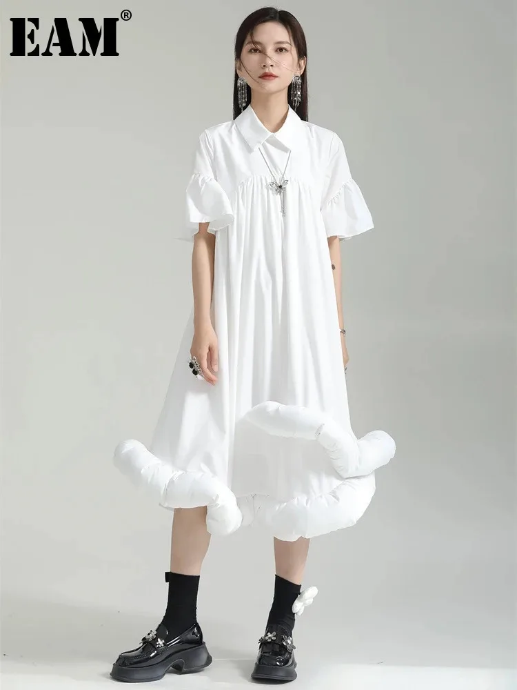 [EAM] Women White Pleated Hem Ruffles Big Size Shirt Dress New Lapel Short Sleeve Loose Fit Fashion Spring Summer 2024 1DF7190