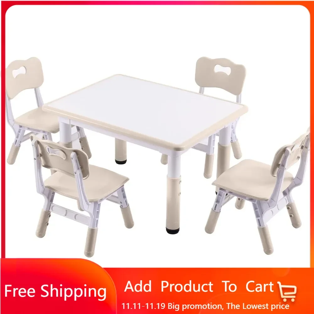 

Height-Adjustable Kids Table and 4 Chairs Set, Toddler Table and Chair Set with Graffiti Desktop, 31.5''L x 23.6''W