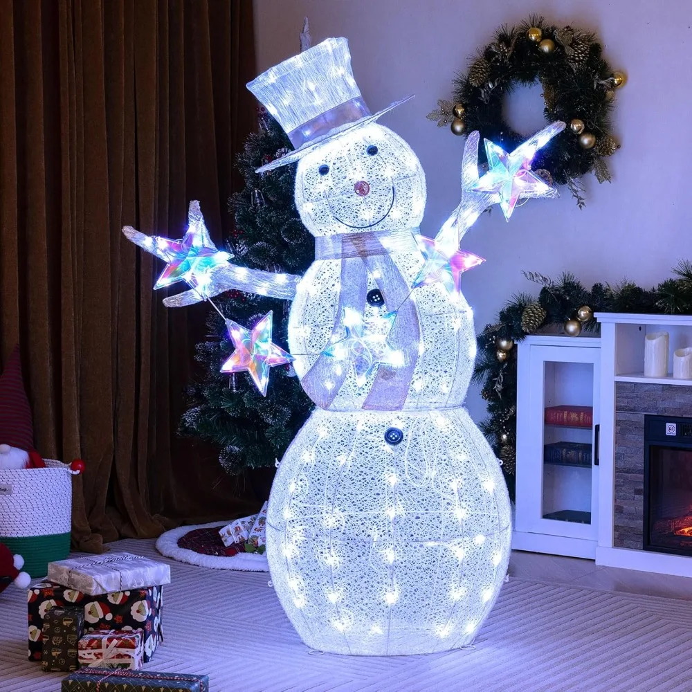 

5 FT Christmas Lighted Snowman with Stars, Lighted Christmas Decoration with 140 Cold White LED Bulbs, Ground Stakes &