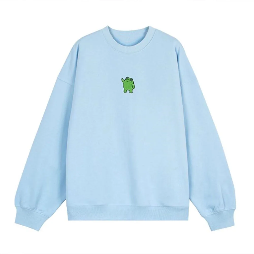 American Vintage Style Cute Frog Embroidered Crewneck Cotton Sweatshirts Women 2024 Spring New Long Sleeve Loose Pullover