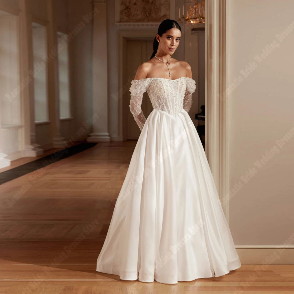 

Off The Shoulder Women Gorgeous Wedding Dresses A-Line Lace Flower Print Bridal Gowns Princess Ball Vestidos De Novia Customized