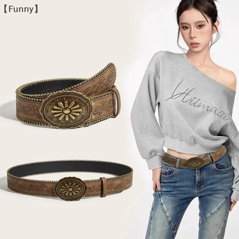 〔Funny〕Vintage Carved Buckle PU Wide Belts Boho Brown Embossed Waistband Western Jeans Pants Belt