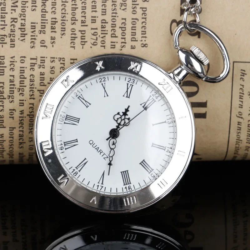 Men Women Quartz Pocket Watch Roman Numerals White Dial Vintage Necklace Pendant Clock Time Pocket Watches with Fob Chain