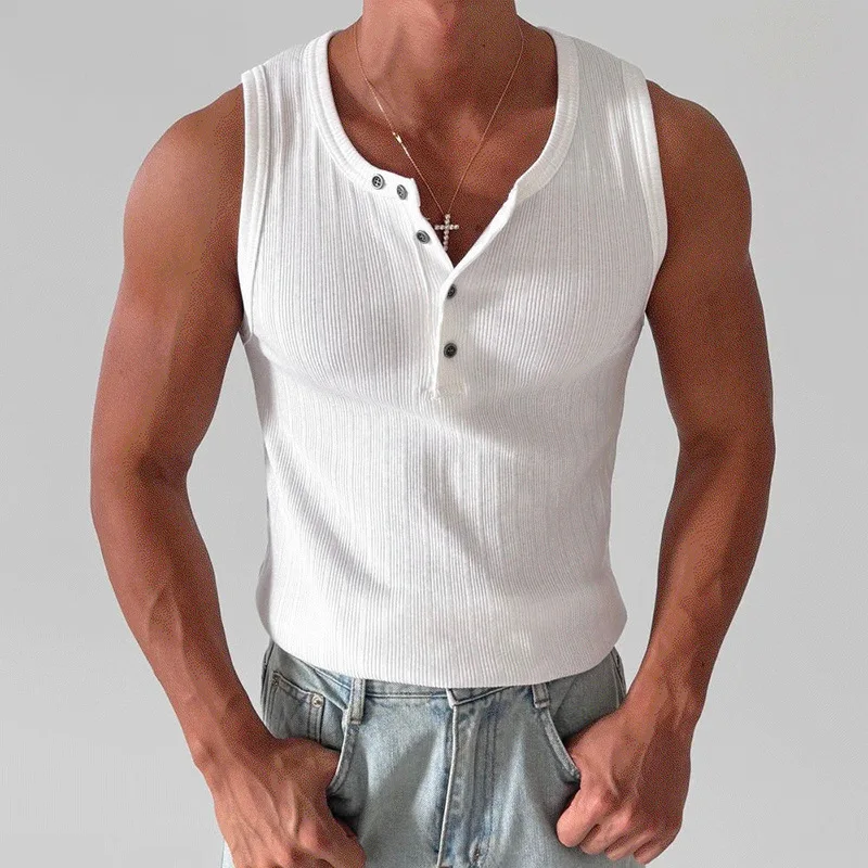 

Men's Casual Henry Collar Sleeveless Vest 2026 Summer New Sports Fitness Vest