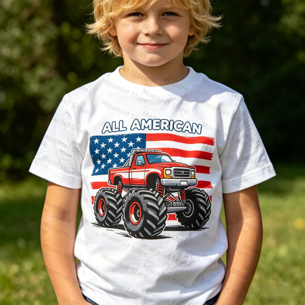Children's Clothing Boys Fourth of July T-Shirts Short Sleeve Round Neck Truck Flag Print Tops for Toddlers Clothes Adult Tops