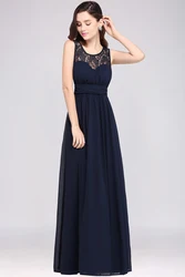 Chiffon Lace Long Evening Dresses Women Navy Blue Sleeveless A Line Wedding Party For Bride Formal Prom Gowns Robe De Soirée