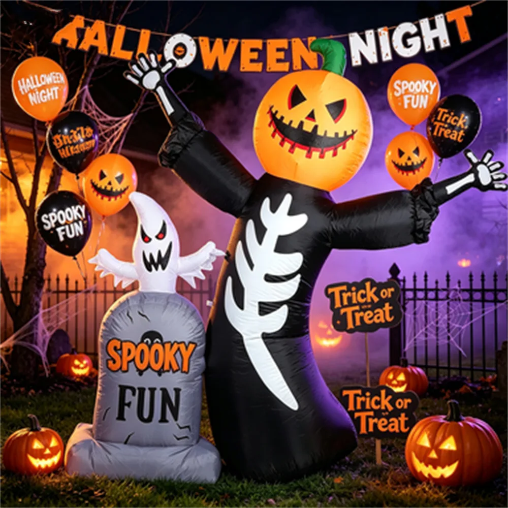 8 FT/2.4M Halloween Inflatable Skull Pumpkin Man with LED Lights Outdoor Garden Lawn Holiday Party Decoration Props Gravestone view 3