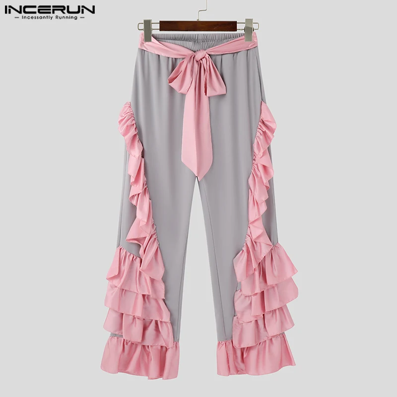 INCERUN 2025 American Style Pants Stylish Men Ruffled Edges Contrast Color Splicing Trousers Casual City Wlak Wide Leg Pantalons