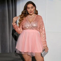 Plus Size Party Dresses For Women Fashion Sequins Splicing Mesh Dress Sexy V-neck Sweet Evening Short Dress Large Size Female