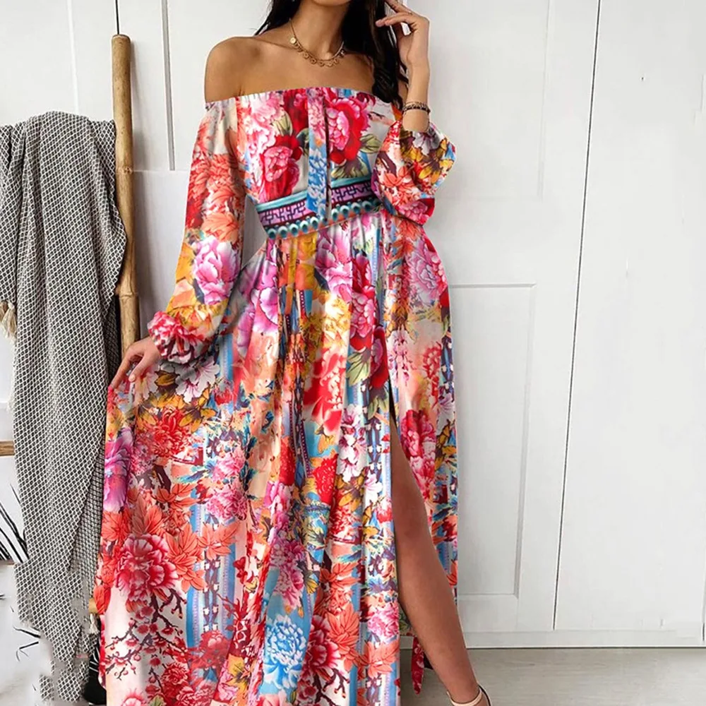 2025 New Product Dress Printed V-Neck Retro Long Sleeve Large Swing Split Long Dress Beach Bath Woman 2025 Sexy Cover Up