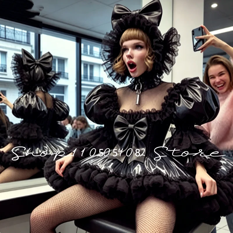 Glänzende Mini-Abendkleider, schwarze Puffärmel, plissierte, bauschige Röcke für besondere Anlässe, mädchenhafte Partykleider, Ballkleider, individuell gestaltet