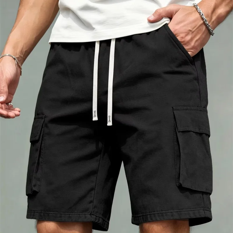 Men loose quick-drying straight-leg pants casual multi-pocket sweatpants pure color men's shorts drawstring daily cargo shorts