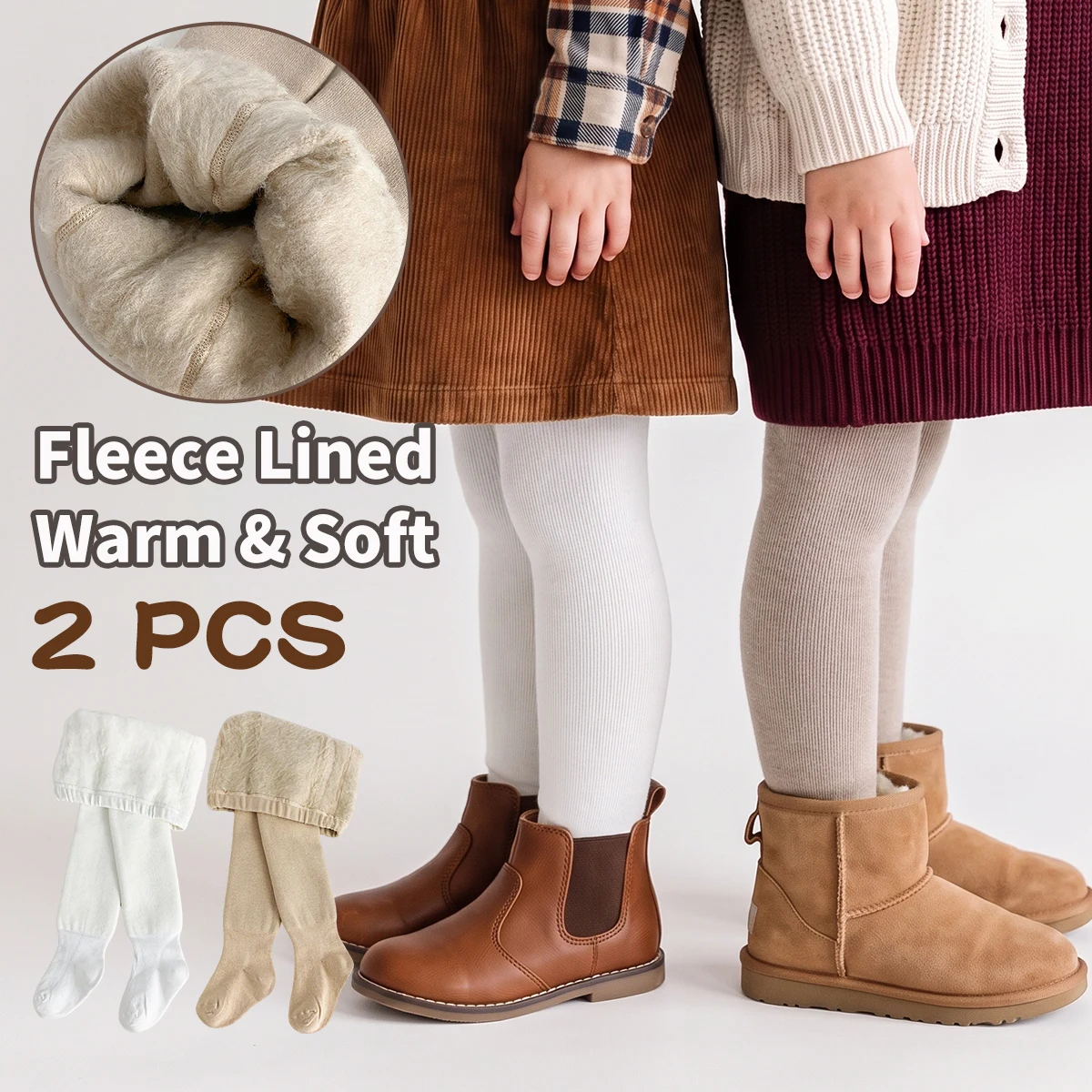 2PCS Toddler Integrated Fleece Tights, Kids Winter Warm Footed Leggings Multi Colors