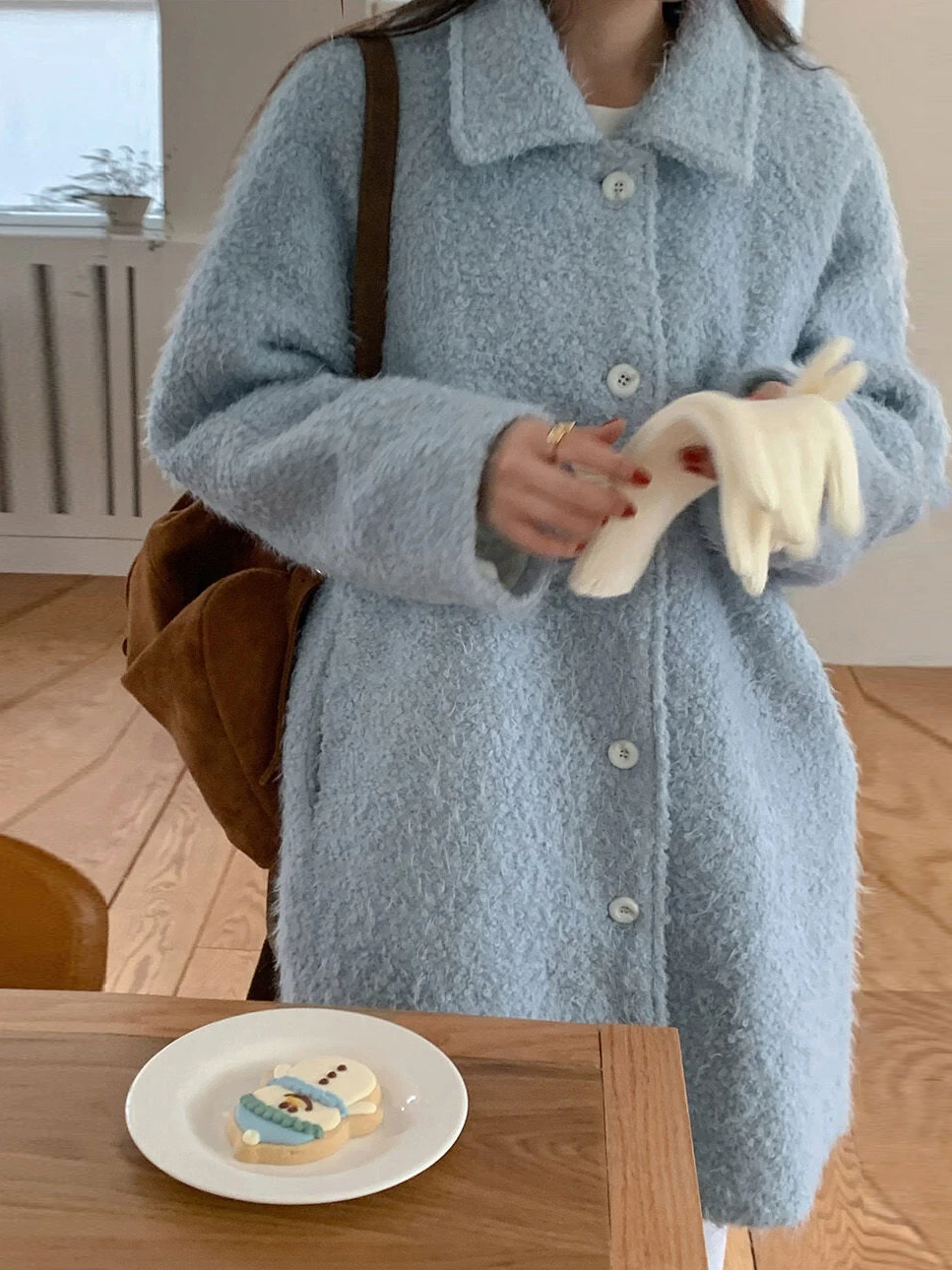 

Soft Plu Woolen Coat Women's Winter Outerwear Korean Drama Main Character Sle Cute Age-Defng Baby Blue Commute Design