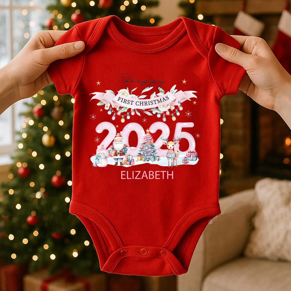 

Мои первые рождественские наряды, детское имя, 2025, рождественские комбинезоны для малышей, хлопковый рождественский комбинезон унисекс с короткими рукавами