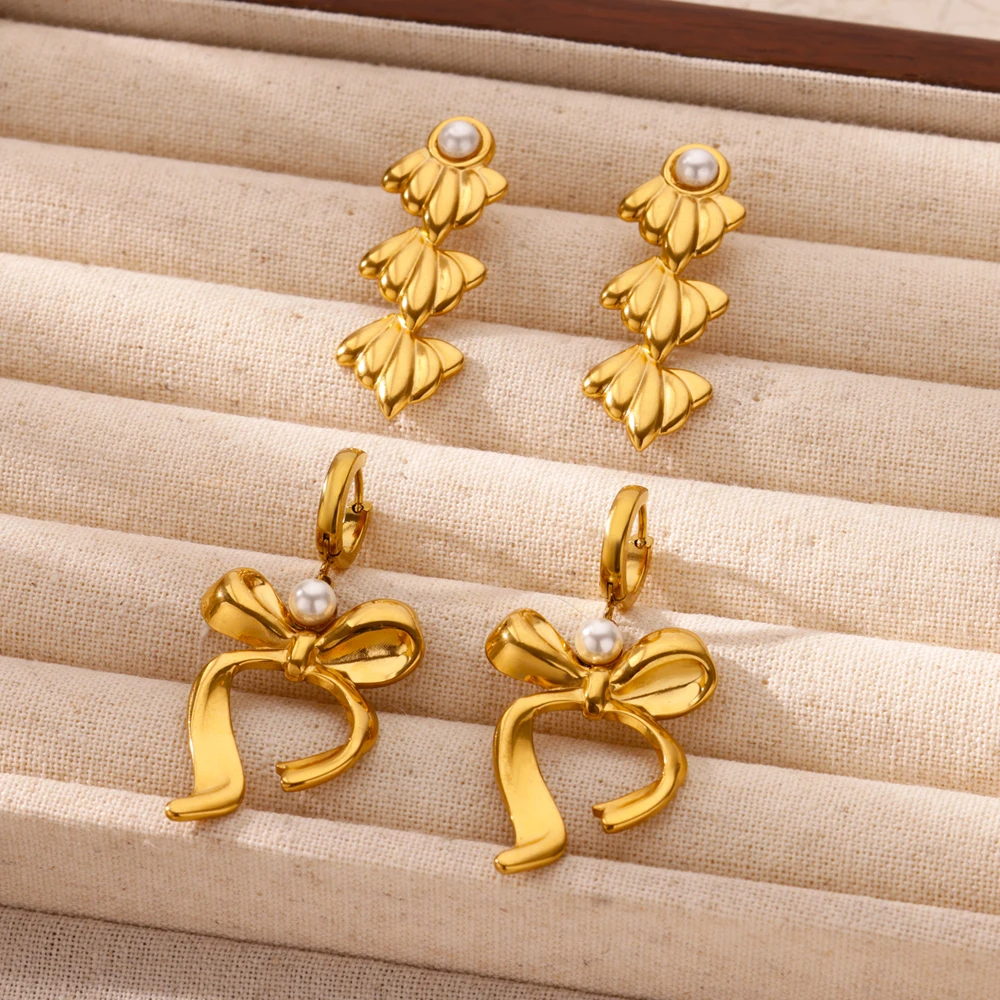 

Stainless Steel Butterfly Earrings For Women Gold Color Imitation Pearl Multi-layered Leaves Earring Wedding Christmas Jewelry