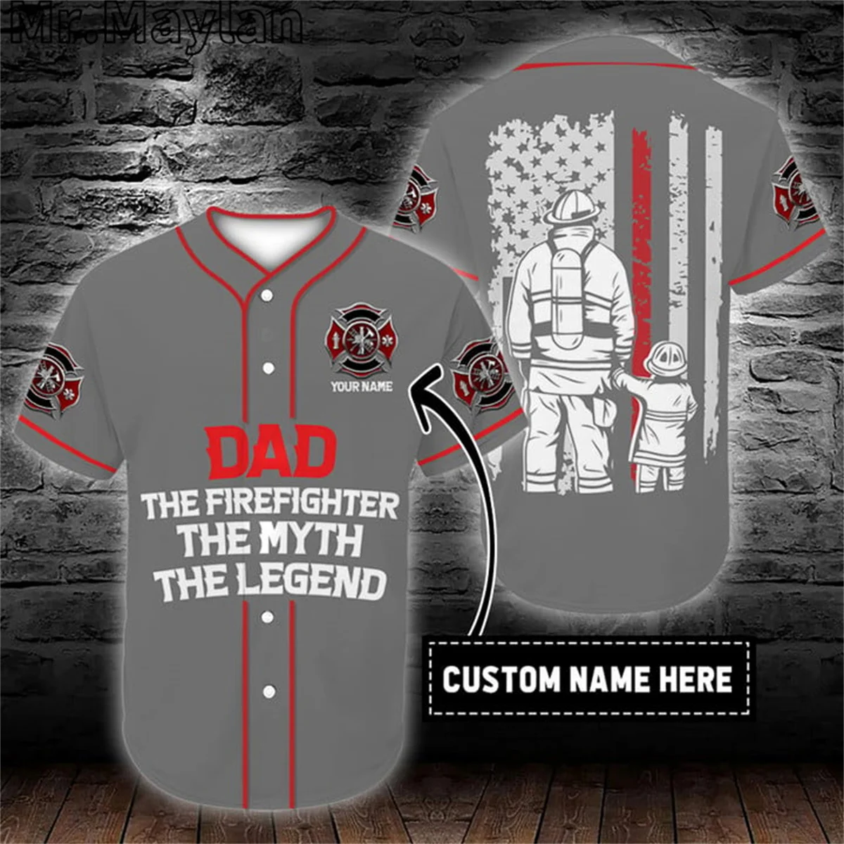 Custom Name Firefighter Dad Hero Gray Baseball Tee Jersey Shirt 3D Print Firefighting Men's Shirt Casual Shirts hip hop Tops-63