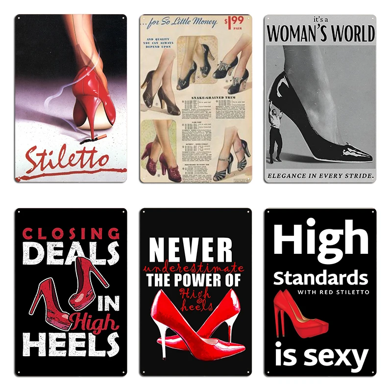 High Heels Fashion Poster It's a woman's world shoe design Red Stiletto is Sexy Woman empowerment Metal Print Wall Cave Tin Sign