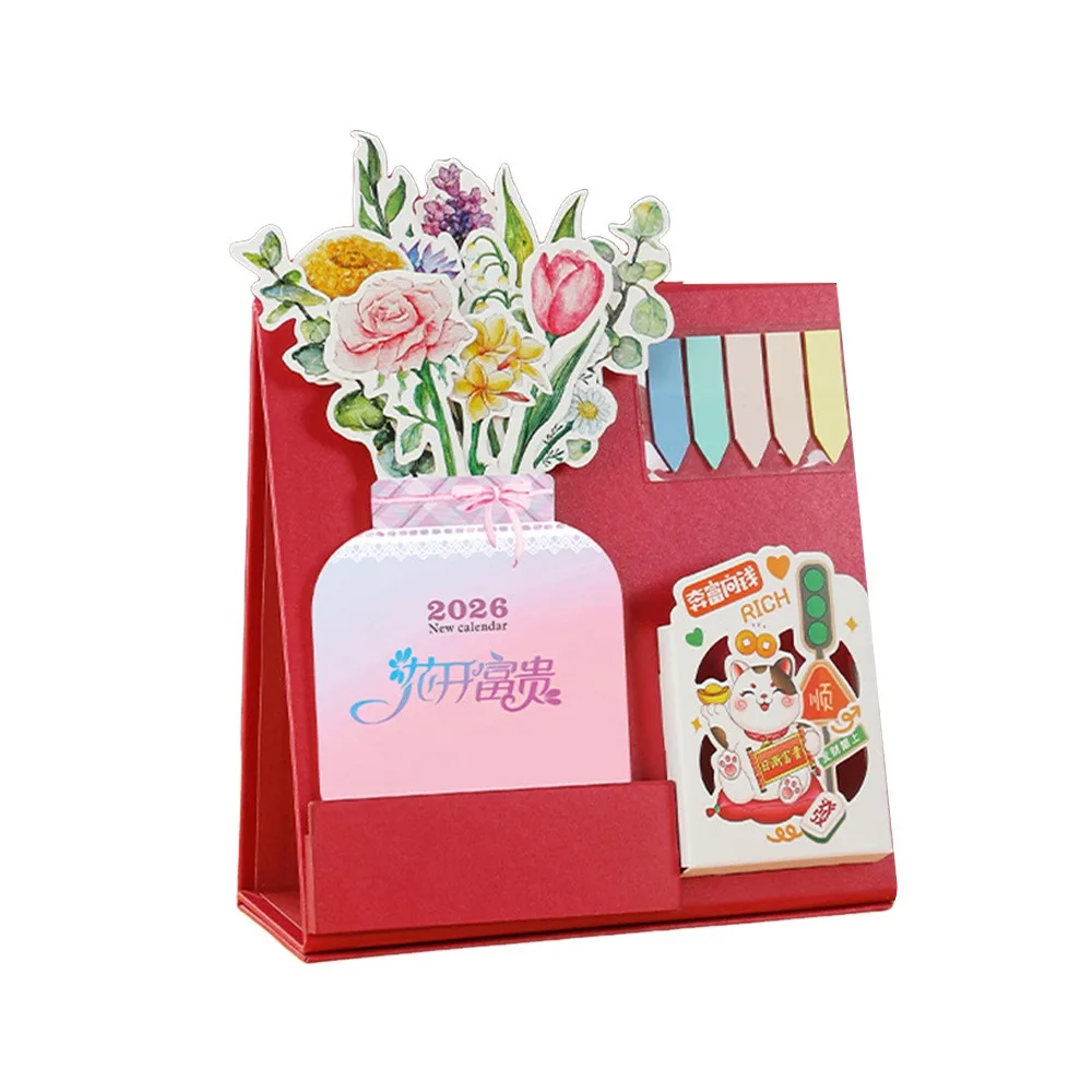 

Настольный календарь 2026 с деревянной подставкой, съемным основанием, цветочным дизайном, ежемесячный планировщик, дисплей даты в форме вазы