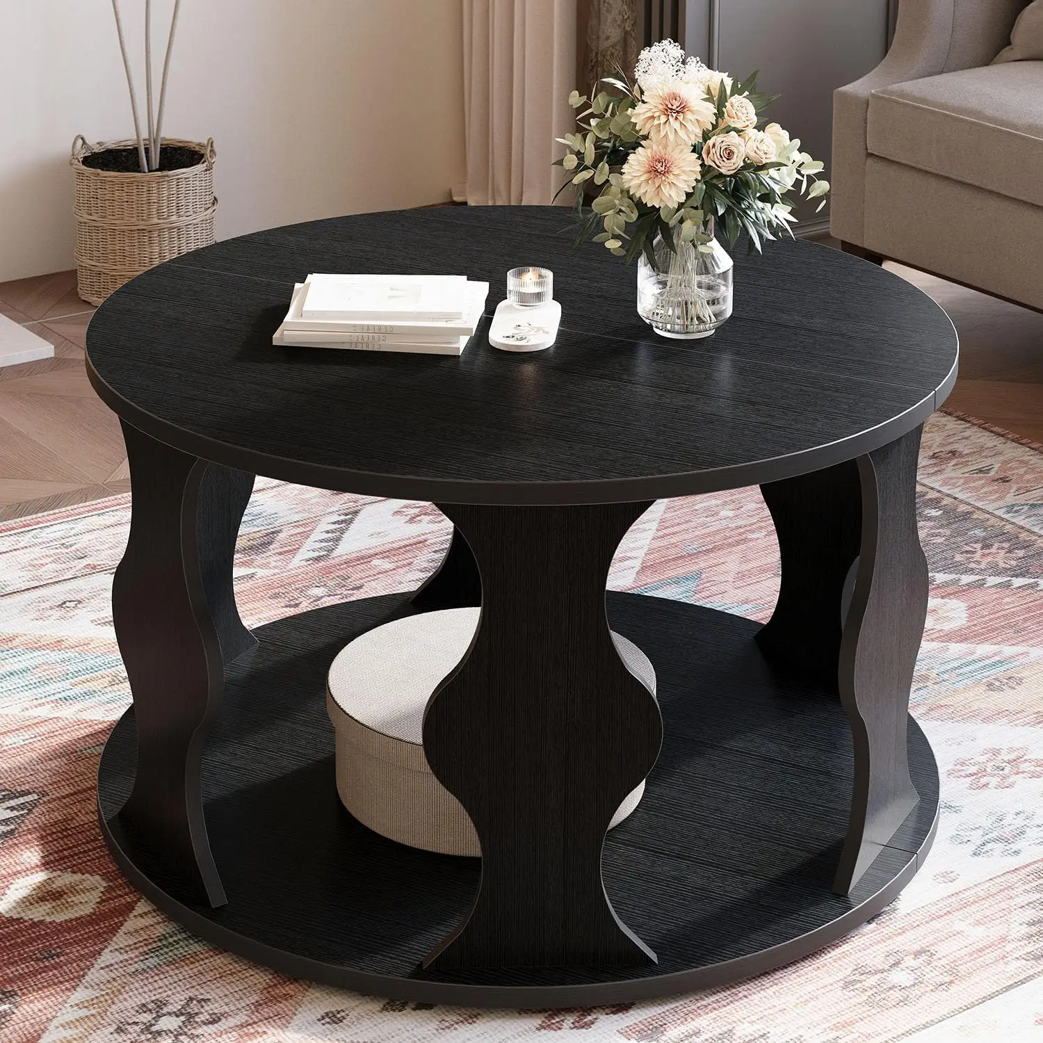 

Black Round Coffee Table, Modern Wood Circle Center Table for Living Room, Unique Rustic Wooden Circular Coffee Table with Stor