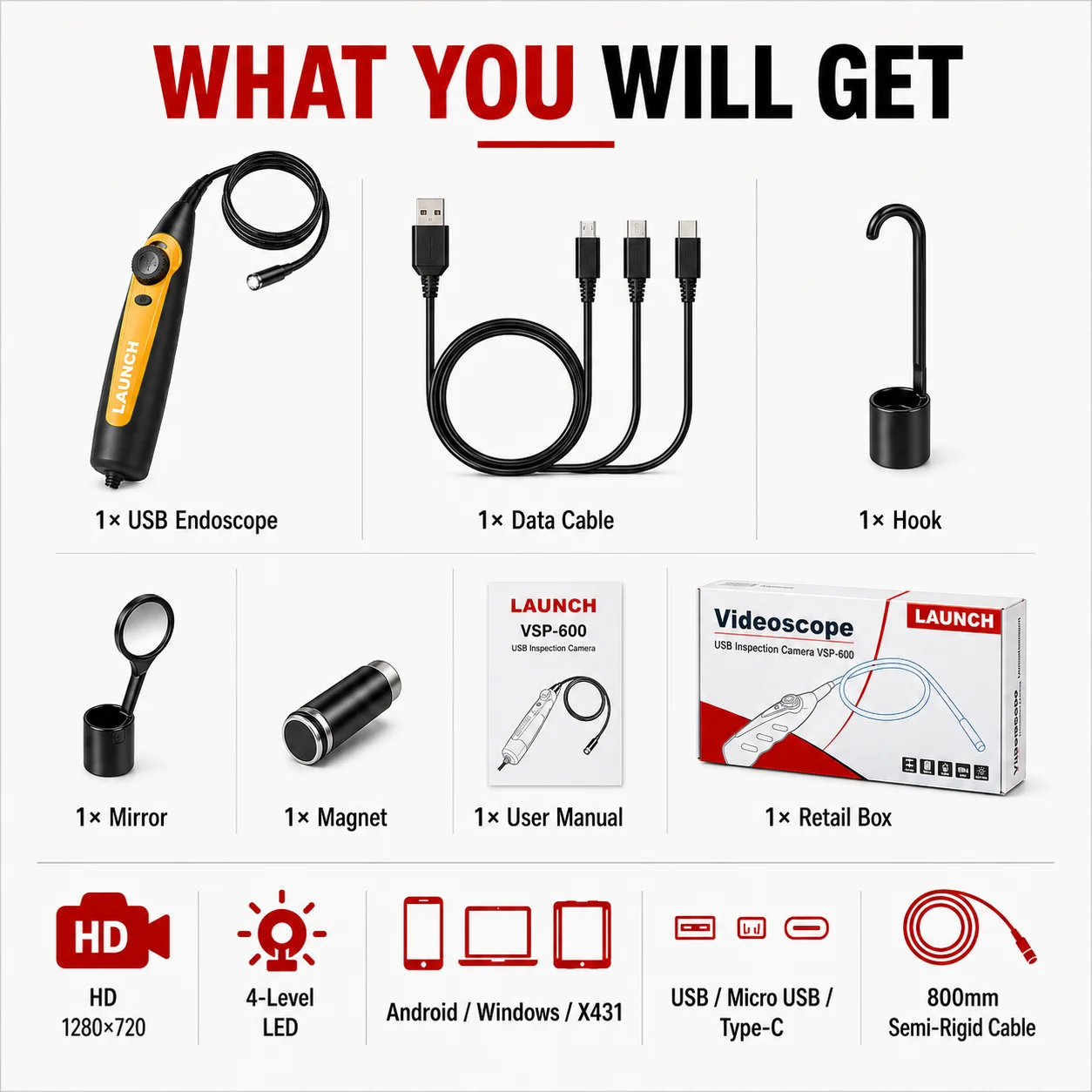 LAUNCH X431 VSP-600 VSP600 Flexible Videoscope Camera Endoscope IP67 Waterproof for Launch X431 Scanners And Android Devices