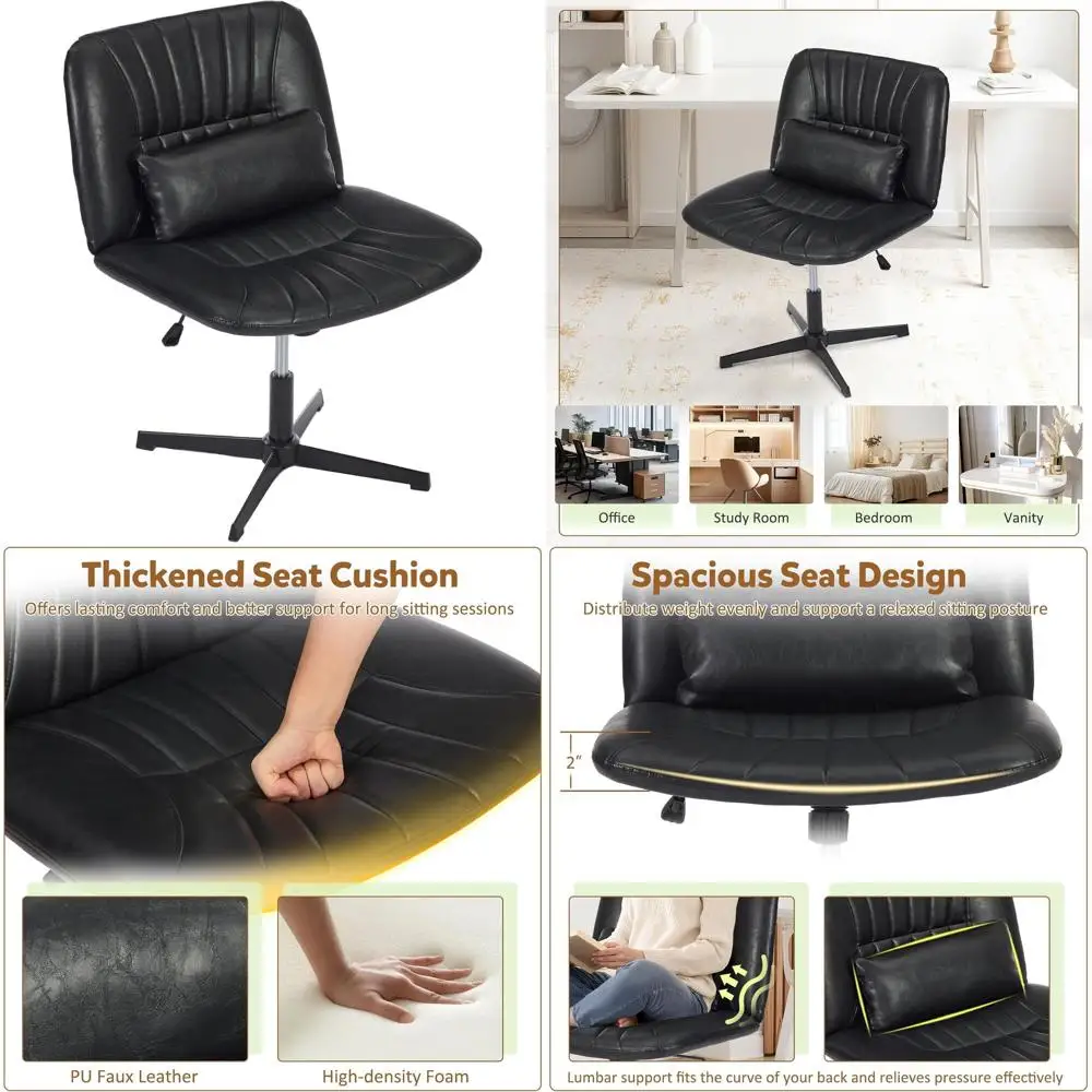 

Вращающееся кресло без подлокотников с регулируемой высотой, поясничной опорой и широким сиденьем для офиса, учебы и туалетного столика, из ПУ, черное